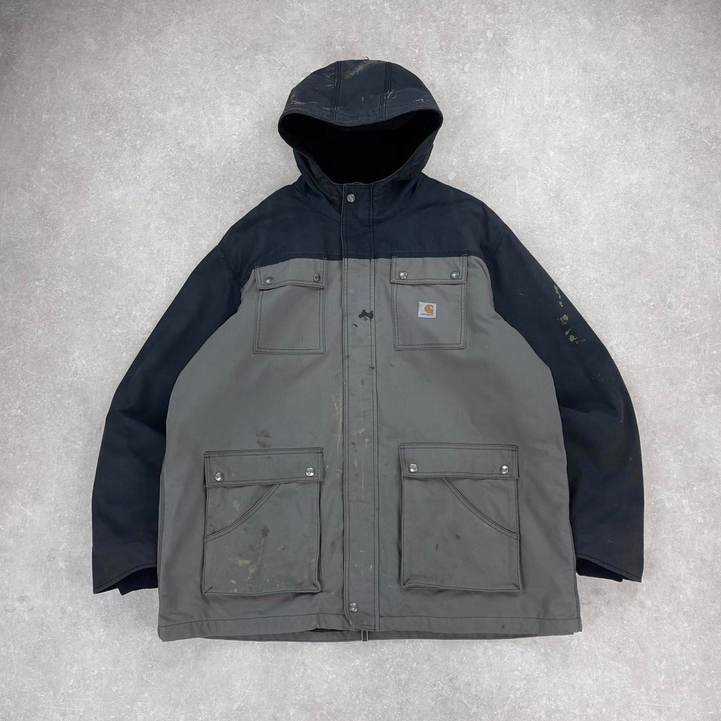 Hooded Carhartt jacket 2XL sherpa lined parker style workwear coat black grey