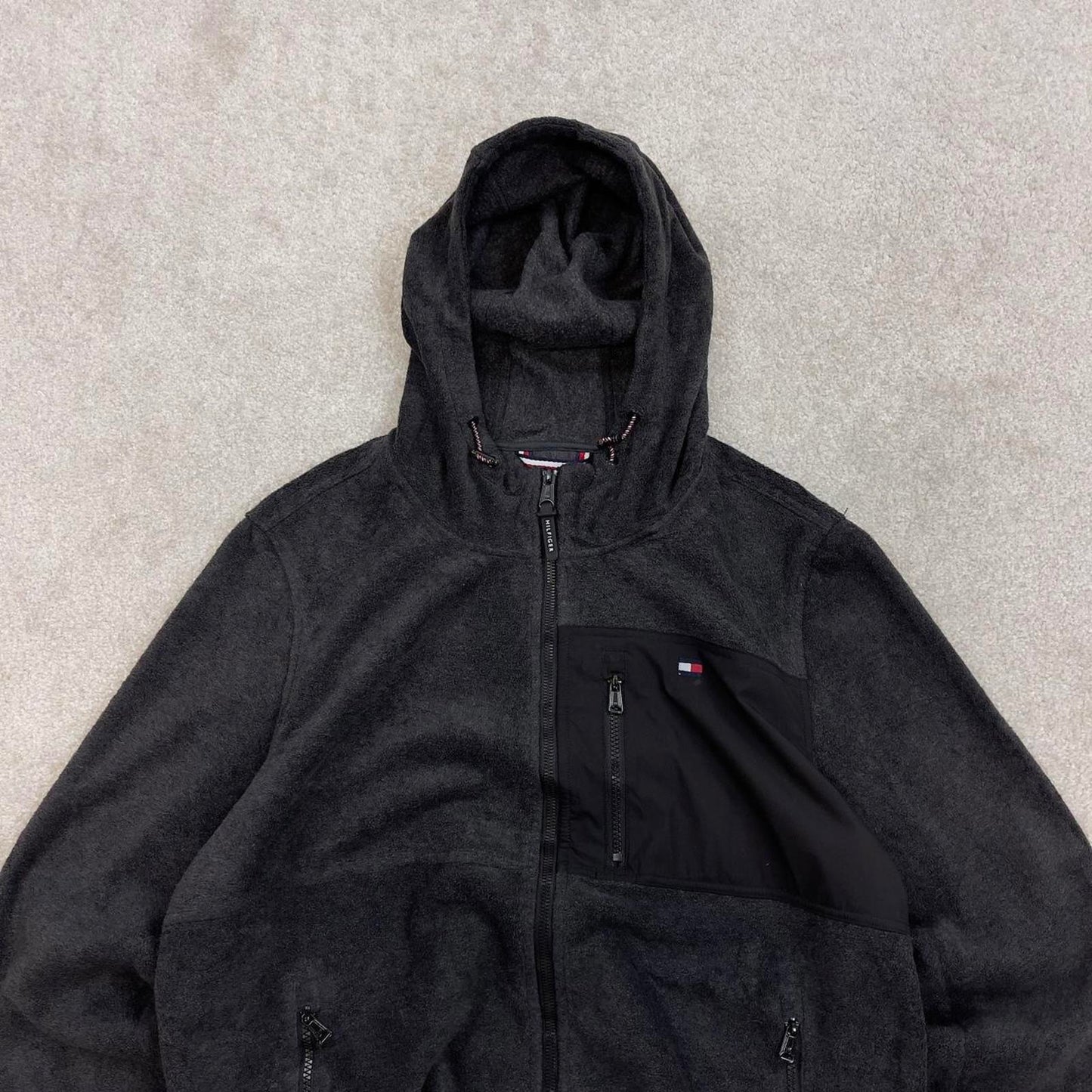 Grey Tommy Hilfiger technical fleece jacket Large y2k style hooded full zip embroidered logo hoodie