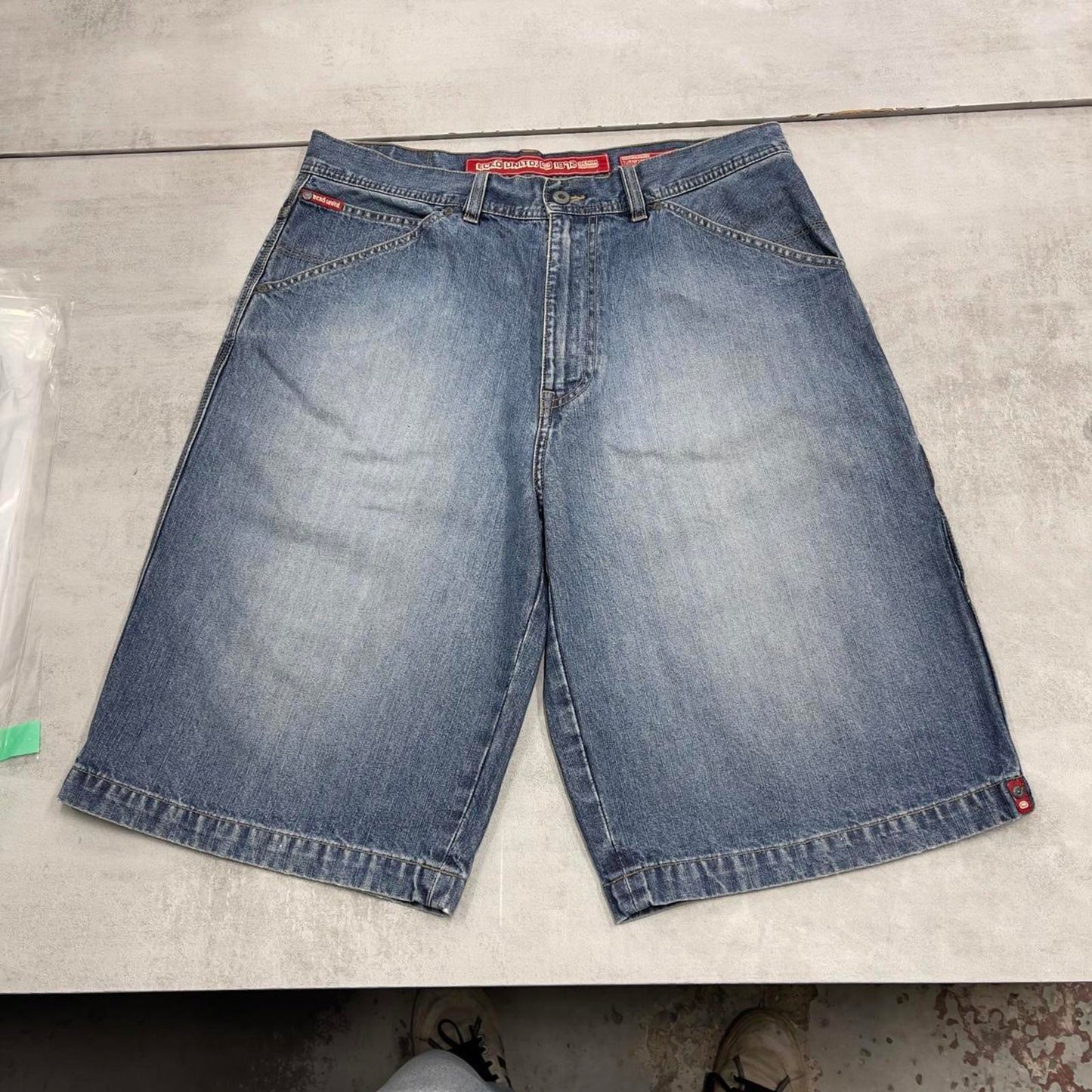 Mens baggy Ecko carpenter jorts W34 blue wide leg 90s style cargo shorts
