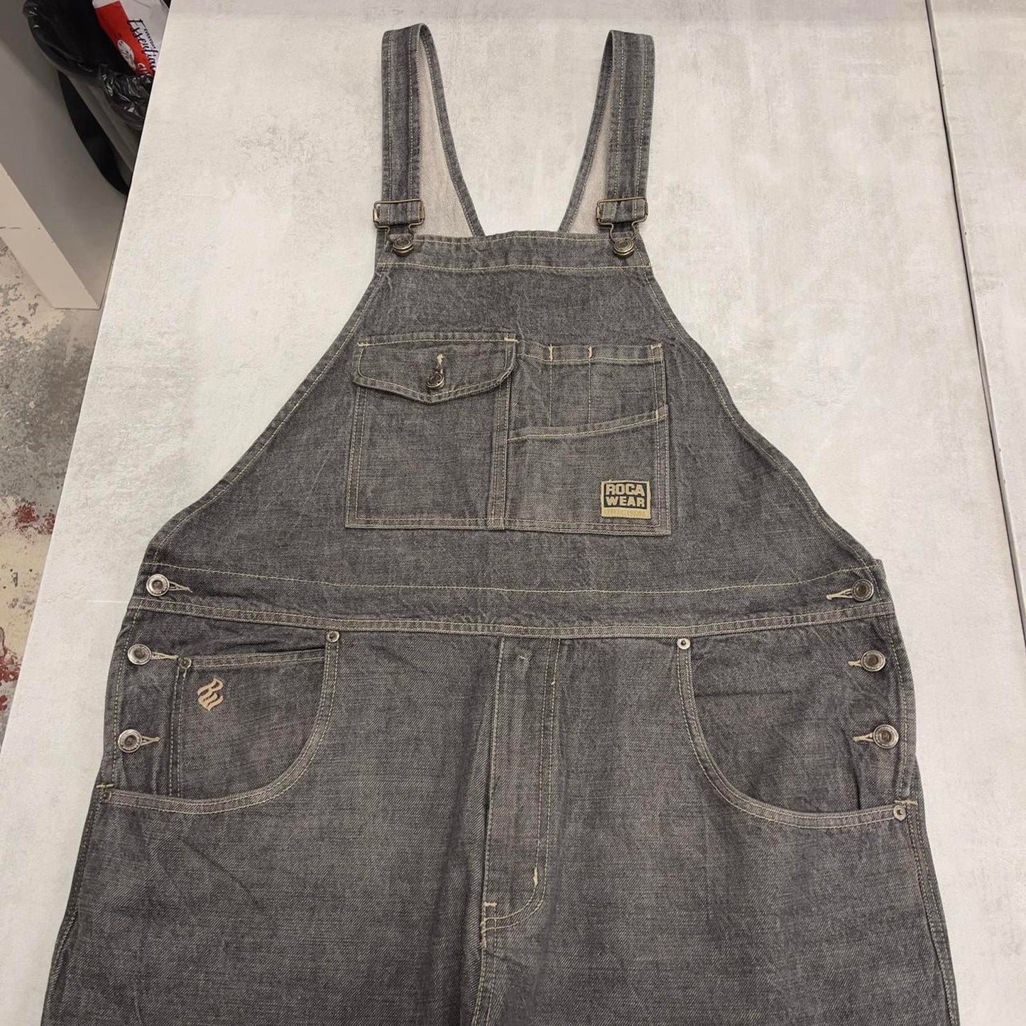 Baggy Rocawear dungarees W42L34 black grey embroidered y2k style overalls vintage denim double knees