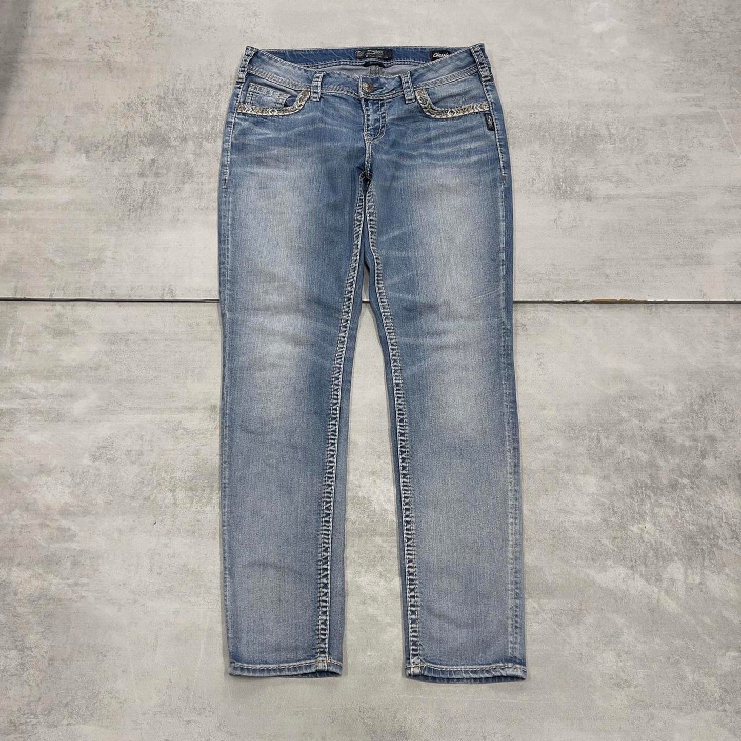 Silver embroidered denim jeans W32 L30 blue skinny y2k embroidered design
