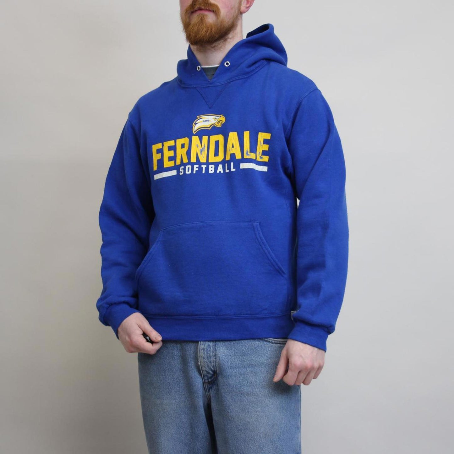 Vintage blue Russell hoodie Small Thick pullover jumper Ferndale print nice fit