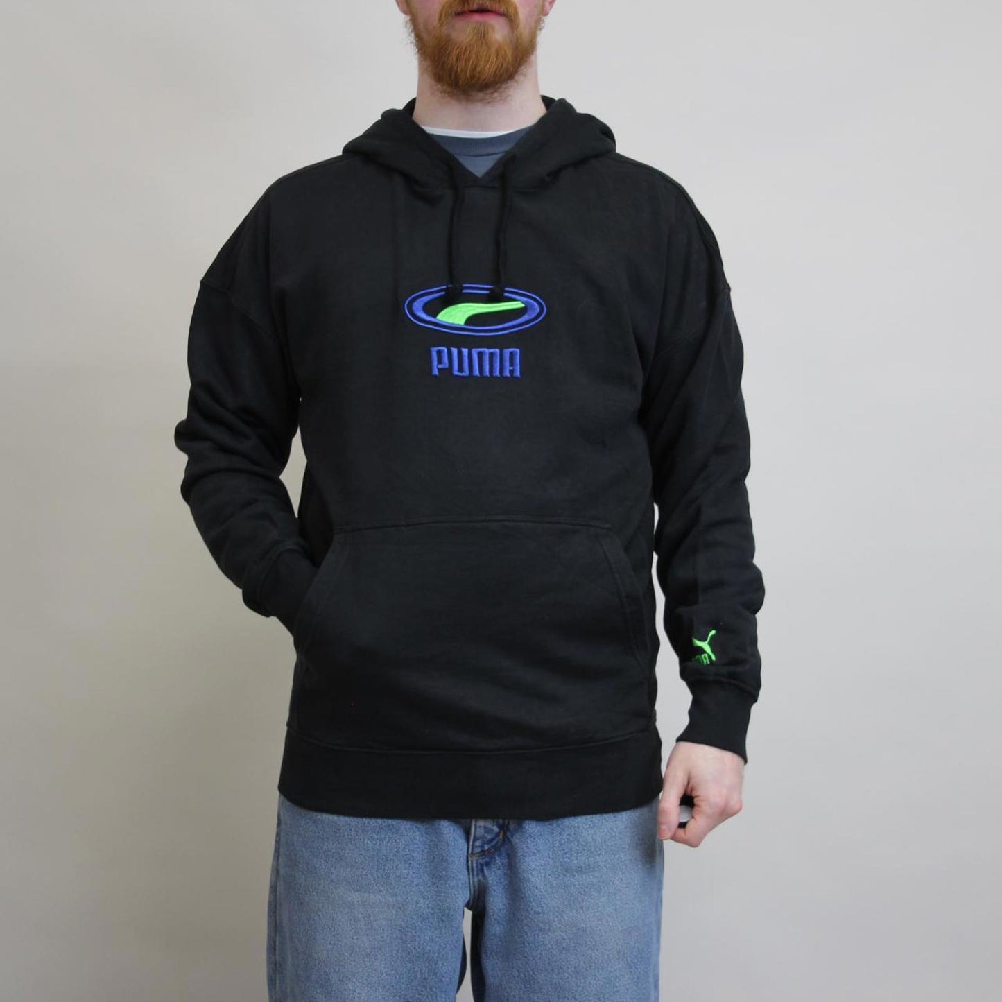 Black PUMA hoodie M pullover y2k jumper embroidered design