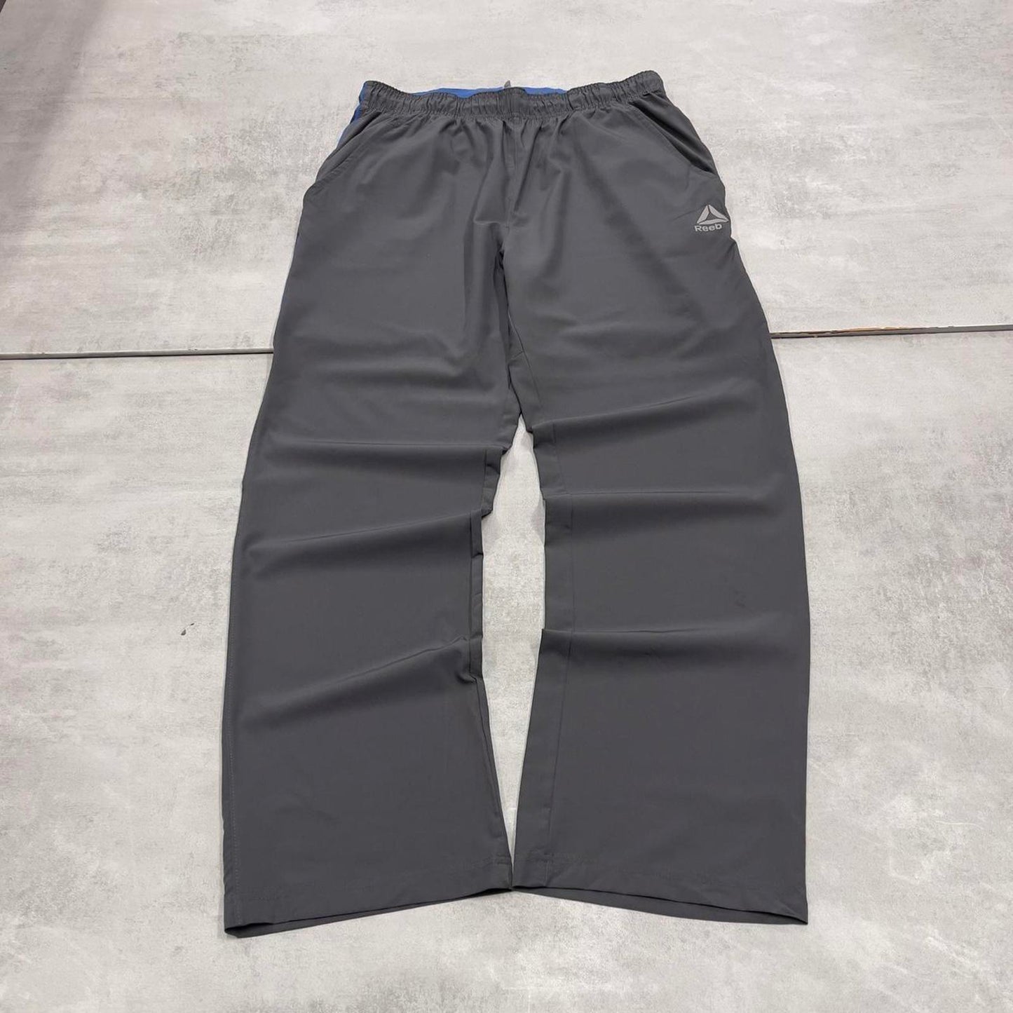 Grey Reebok trackies Large loose y2k floaty leg joggers print logo side stripe shell suit pants