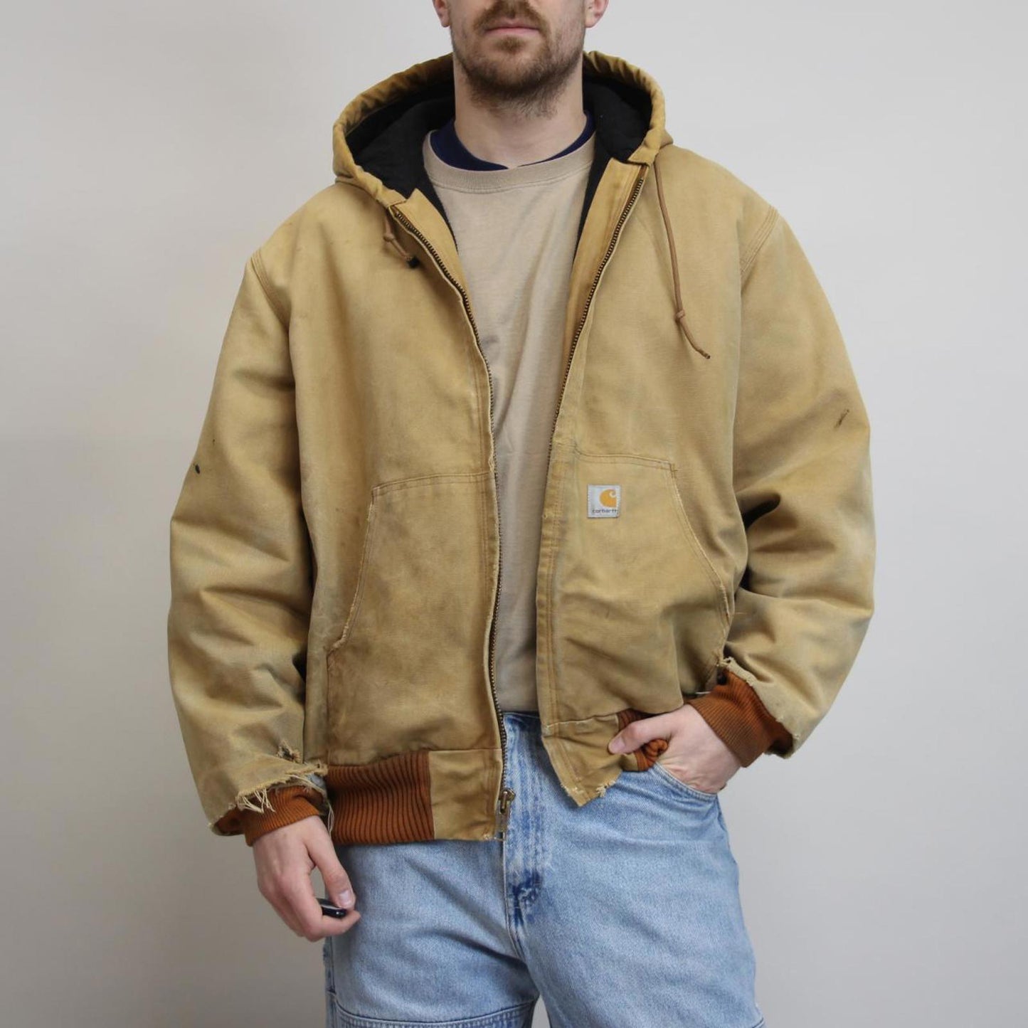 Vintage hooded Carhartt jacket XL hamilton brown canvas bomber style workwear