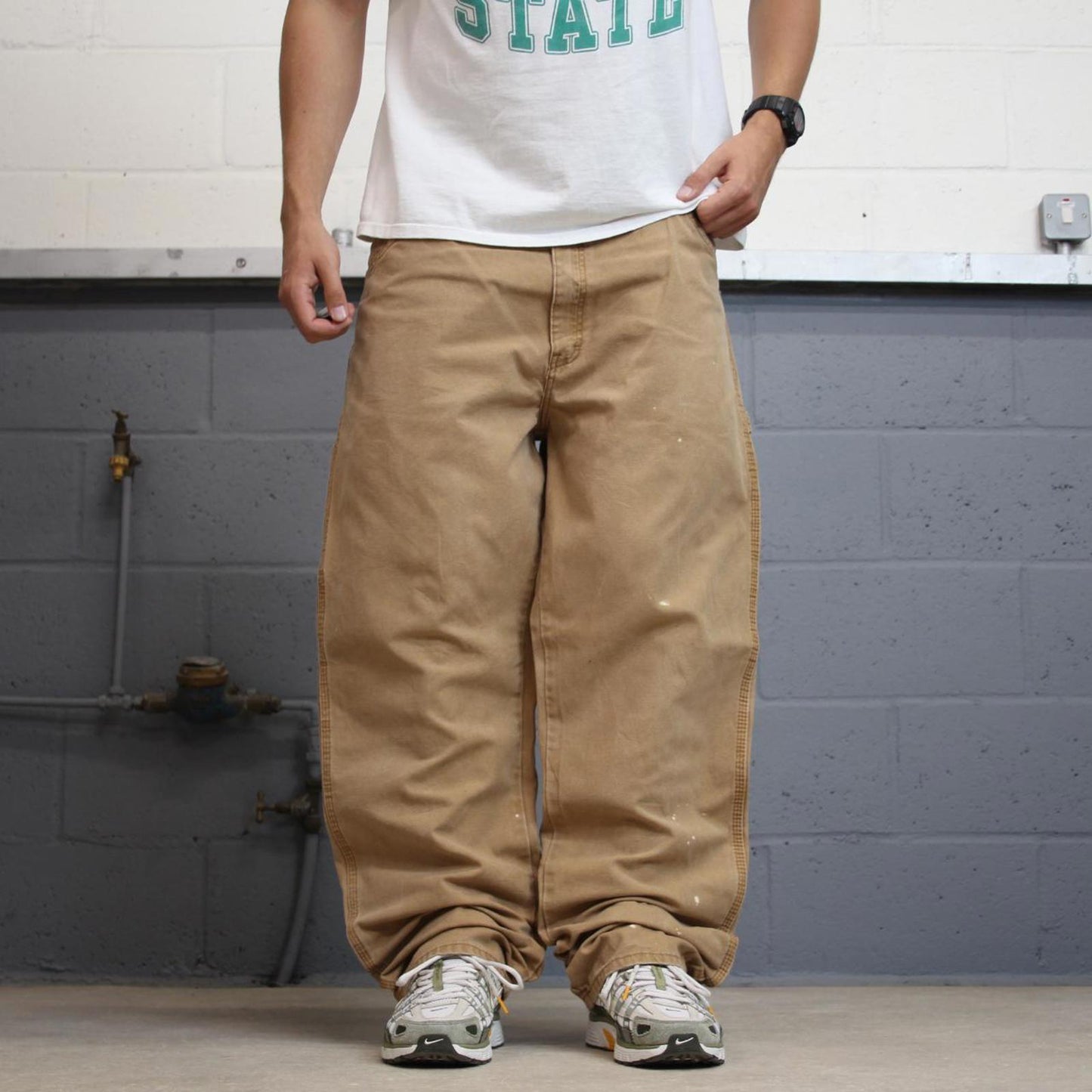 Baggy Dickies carpenter jeans W40L34 faded tan wide leg canvas cargos