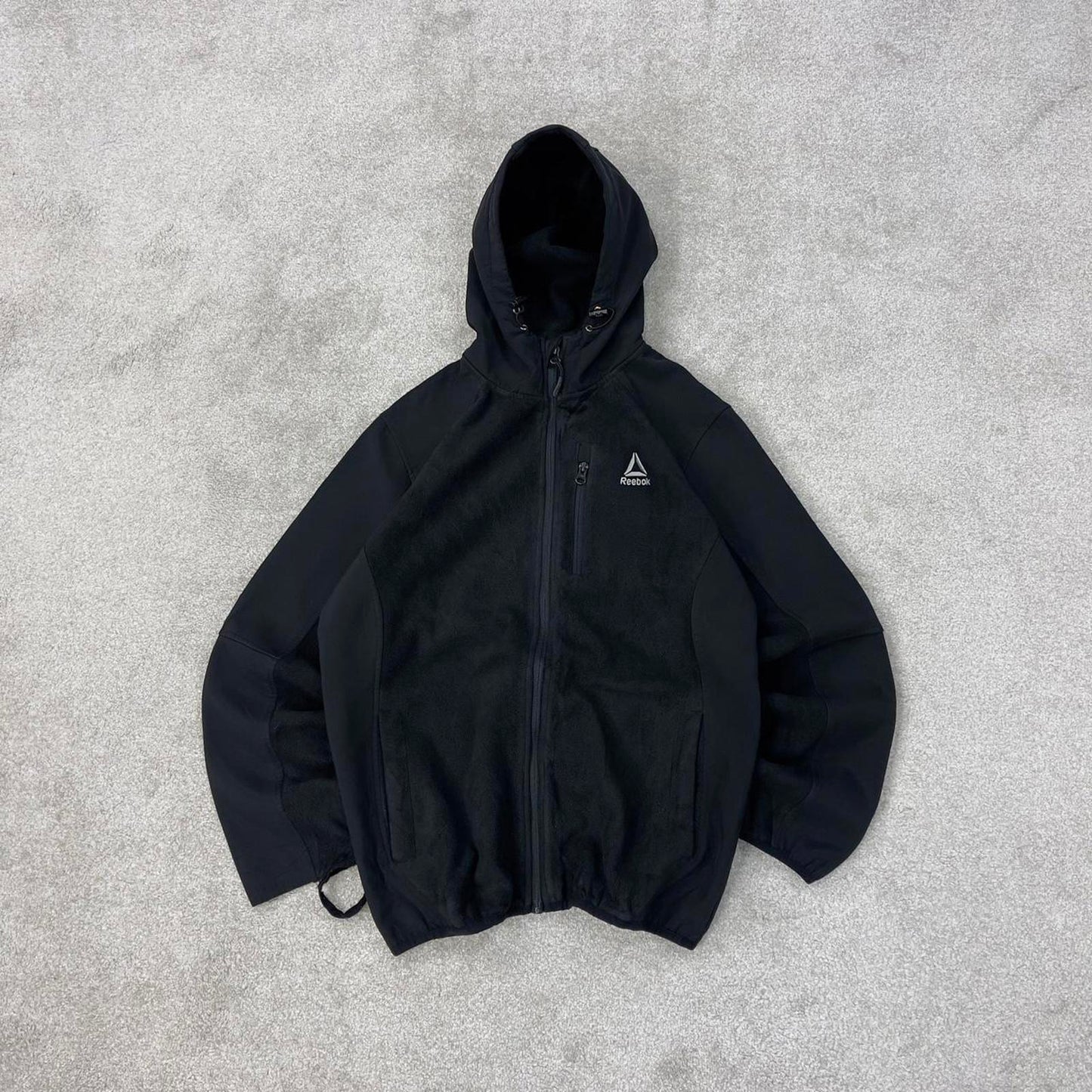 Black Reebok technical fleece jacket Medium y2k style hooded full zip embroidere hoodie