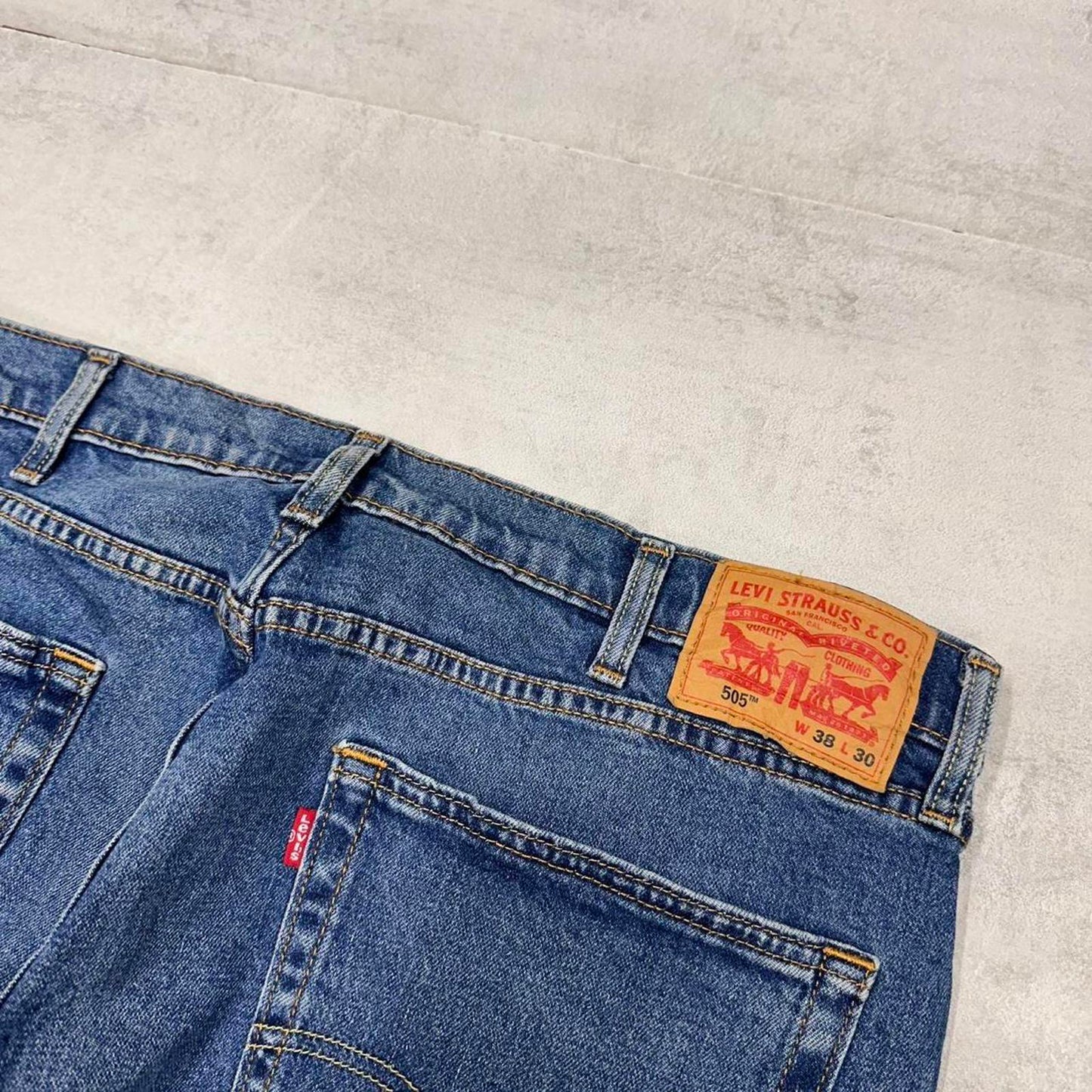 Levis 505 jeans casual streetwear W38L27 blue loose straight leg y2k style pants red tab logo skater
