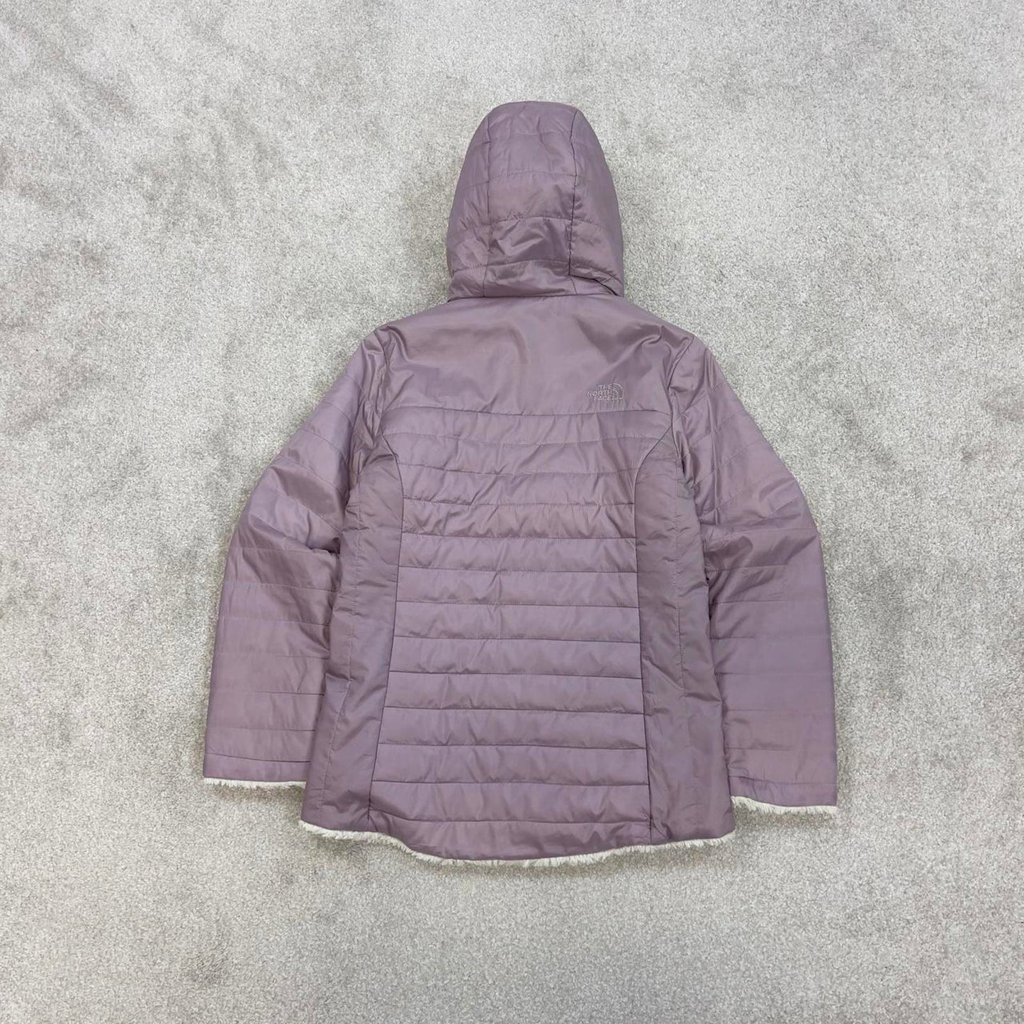 Lilac North Face quilted jacket Girls large TNF sherpa lined hooded coat y2k style zip pockets