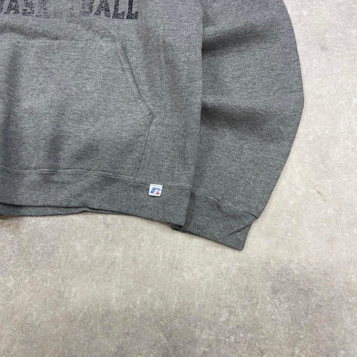Grey vintage Russel hoodie Medium thick pullover jumper Moravian basketball spellout print design