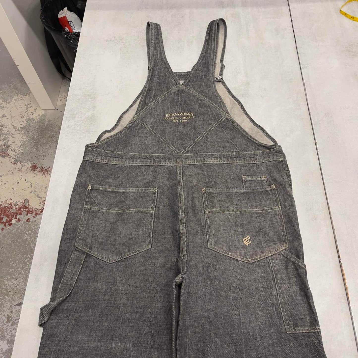 Baggy Rocawear dungarees W42L34 black grey embroidered y2k style overalls vintage denim double knees
