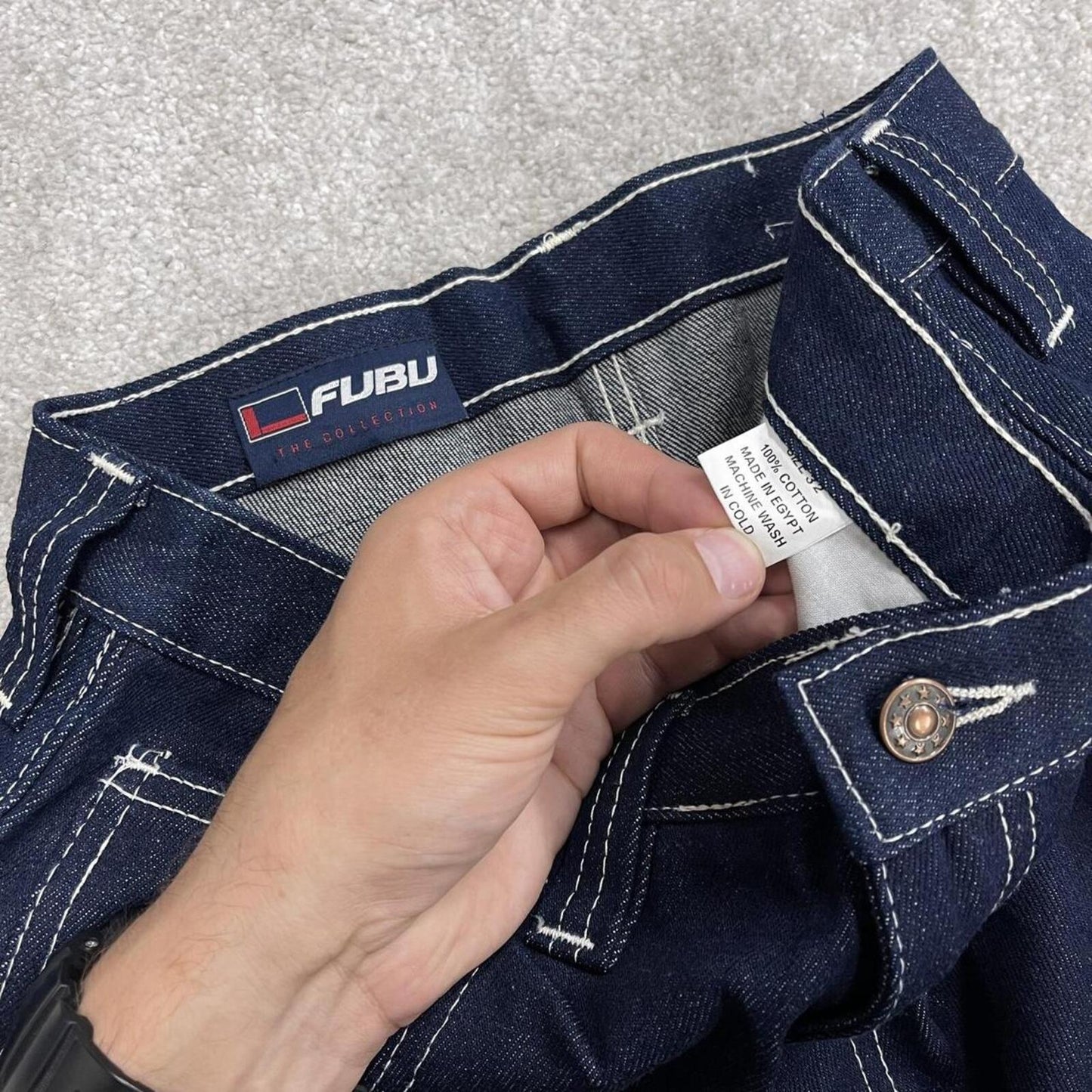 Baggy denim carpenter shorts y2k navy blue Thick denim cargo festival shorts with FUBU details