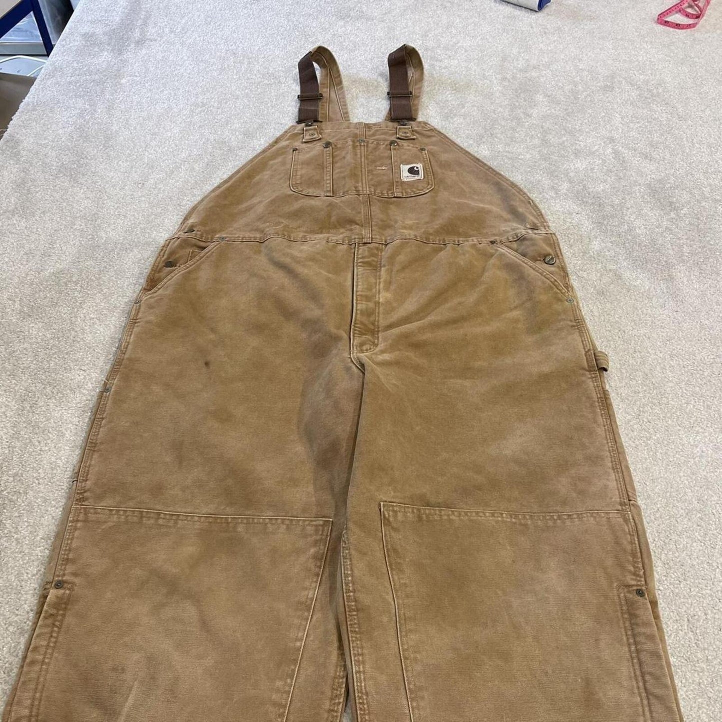 Vintage Carhartt dungarees tan brown overalls Quilted bib & brace utility workwear