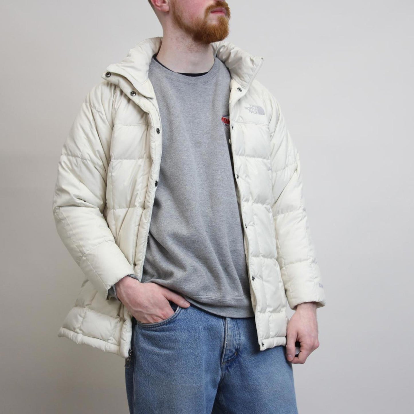 Women's North Face jacket M cream tnf 600 down hooded puffer coat