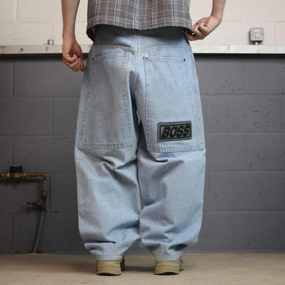 Vintage BOSS baggy jeans y2k W32L28 washed blue denim wide leg skater JNCO style deep pockets