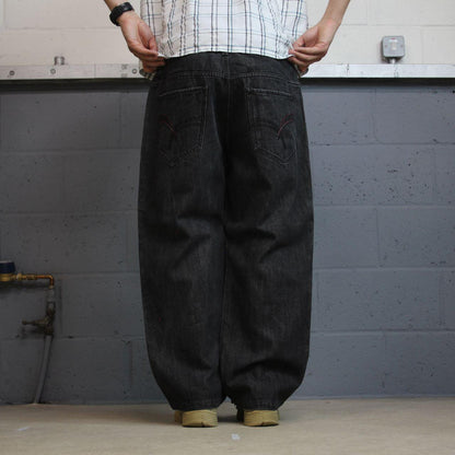 Y2K Rocawear embroidered jeans loose black denim Wide leg surf style pants embroidered stitch design