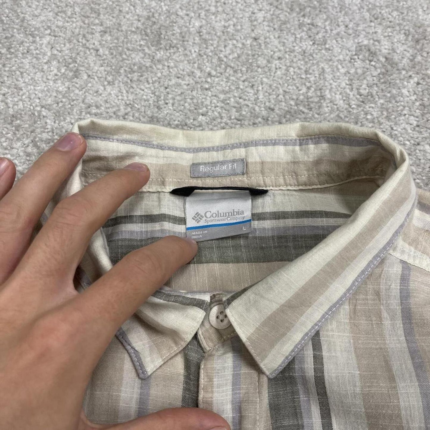 Columbia striped short sleeve shirt beige green Surf style stripey shirt summer festival