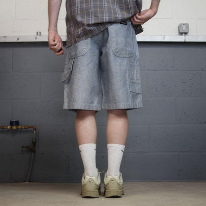 Y2K baggy denim shorts light blue carpenter denim skate surf style cargo shorts Sean John patches