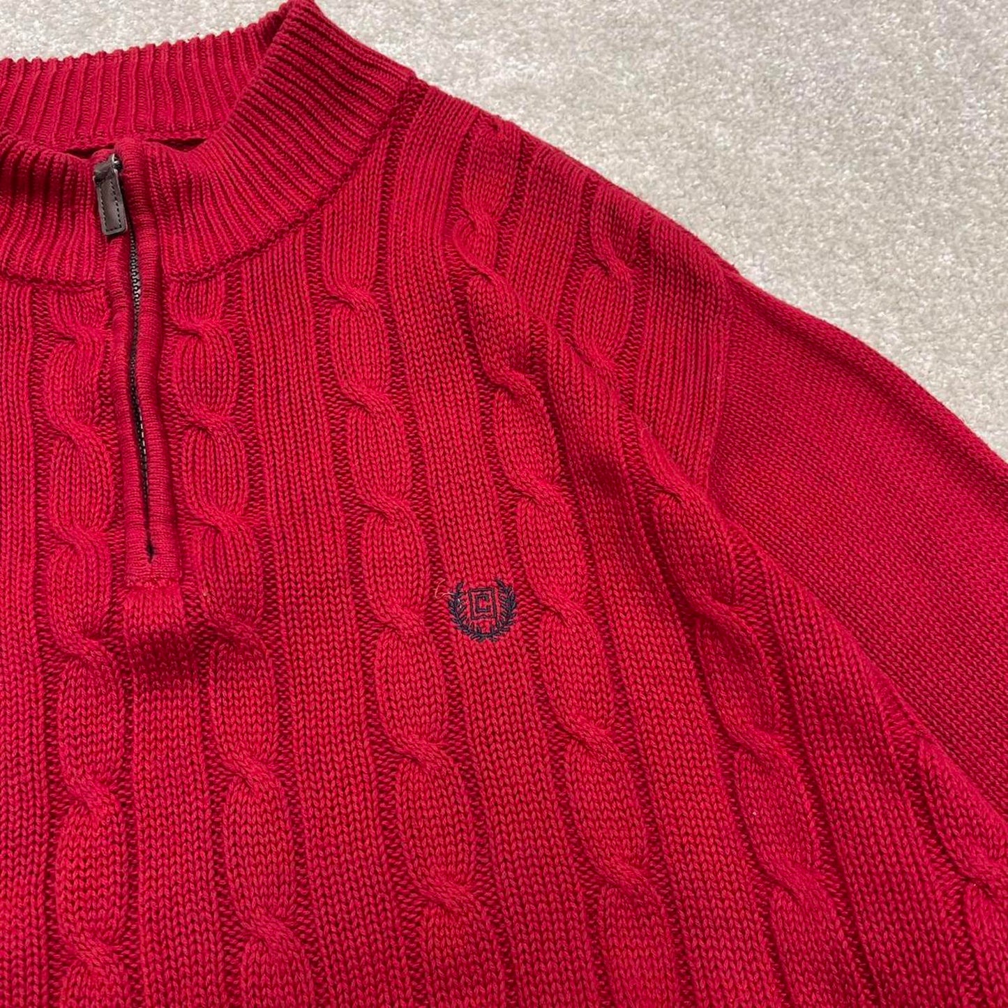 Y2K CHAPS 1/4 zip knit sweater jumper red Embroidered logo chunky cable knitted pullover