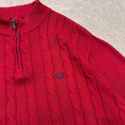 Y2K CHAPS 1/4 zip knit sweater jumper red Embroidered logo chunky cable knitted pullover