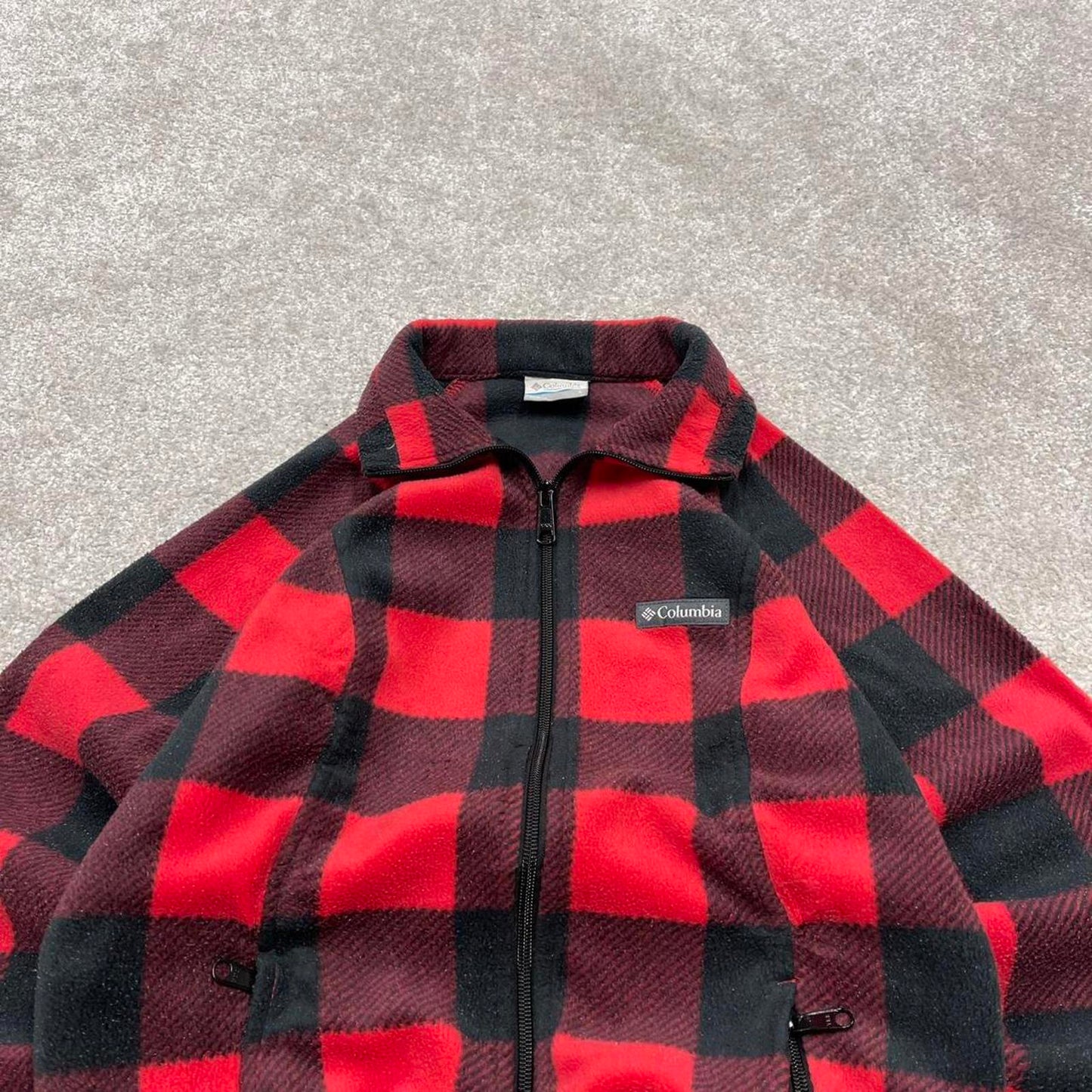 00s Columbia technical fleece S women's red check full zip up y2k style autumn adjustable waist