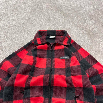 00s Columbia technical fleece S women's red check full zip up y2k style autumn adjustable waist