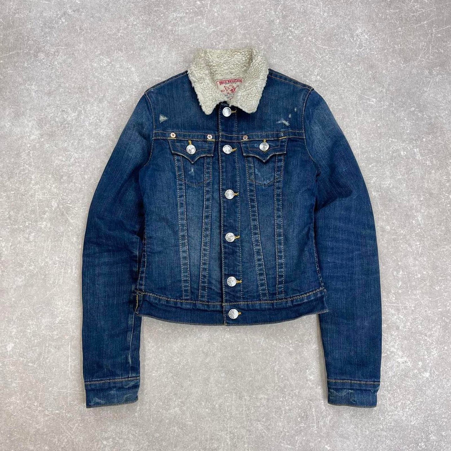Y2k True Religion denim jacket Small Emily sherpa lined 00s cropped style coat stitch detailing