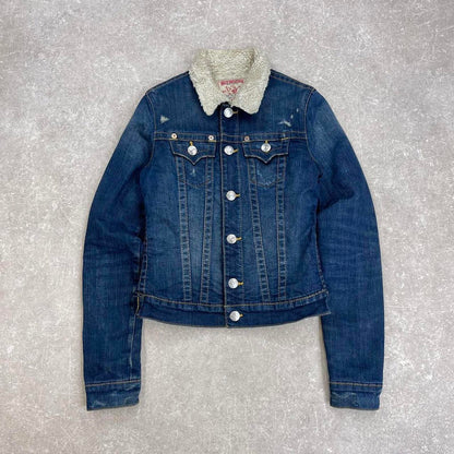 Y2k True Religion denim jacket Small Emily sherpa lined 00s cropped style coat stitch detailing