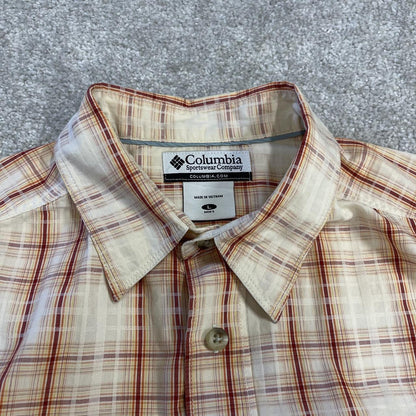 Columbia checkered short sleeve shirt y2k beige red Festival style button down summer shirt