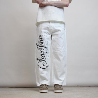 Mens baggy Sean John jeans W32 L27 white loose embroidered design hip hop jeans