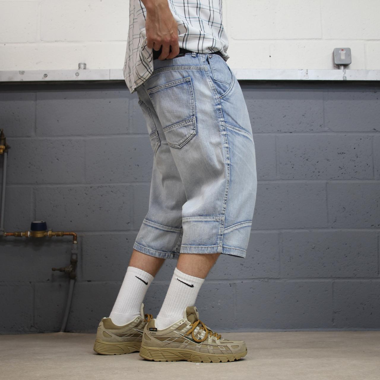 Y2K denim shorts long leg blue Skater style surf jorts