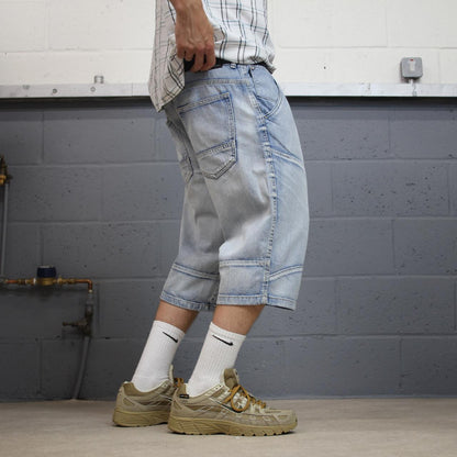 Y2K denim shorts long leg blue Skater style surf jorts