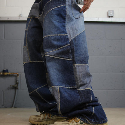 Vibes baggy patchwork jeans y2k blue colour block denim wide leg fit skater pants