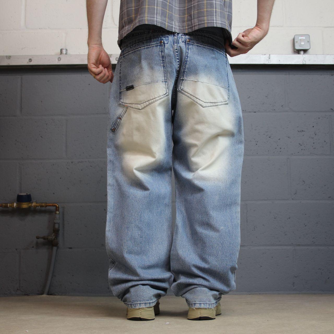 Akademiks baggy jeans y2k washed blue W32L34 Wide leg heavy denim utility pockets cargo skater pant