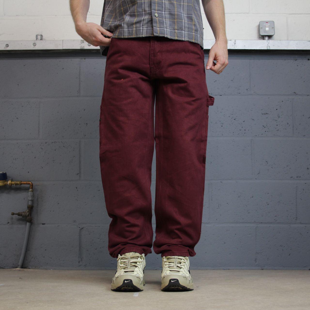 Y2K denim carpenter jeans wesc maroon straight leg skater style utility workwear trousers