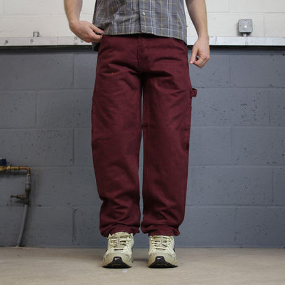 Y2K denim carpenter jeans wesc maroon straight leg skater style utility workwear trousers