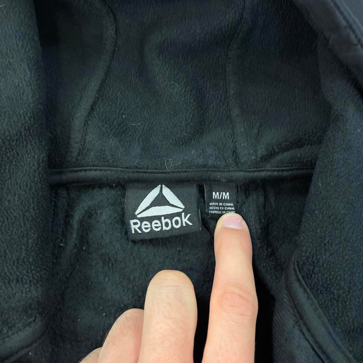 Black Reebok technical fleece jacket Medium y2k style hooded full zip embroidere hoodie