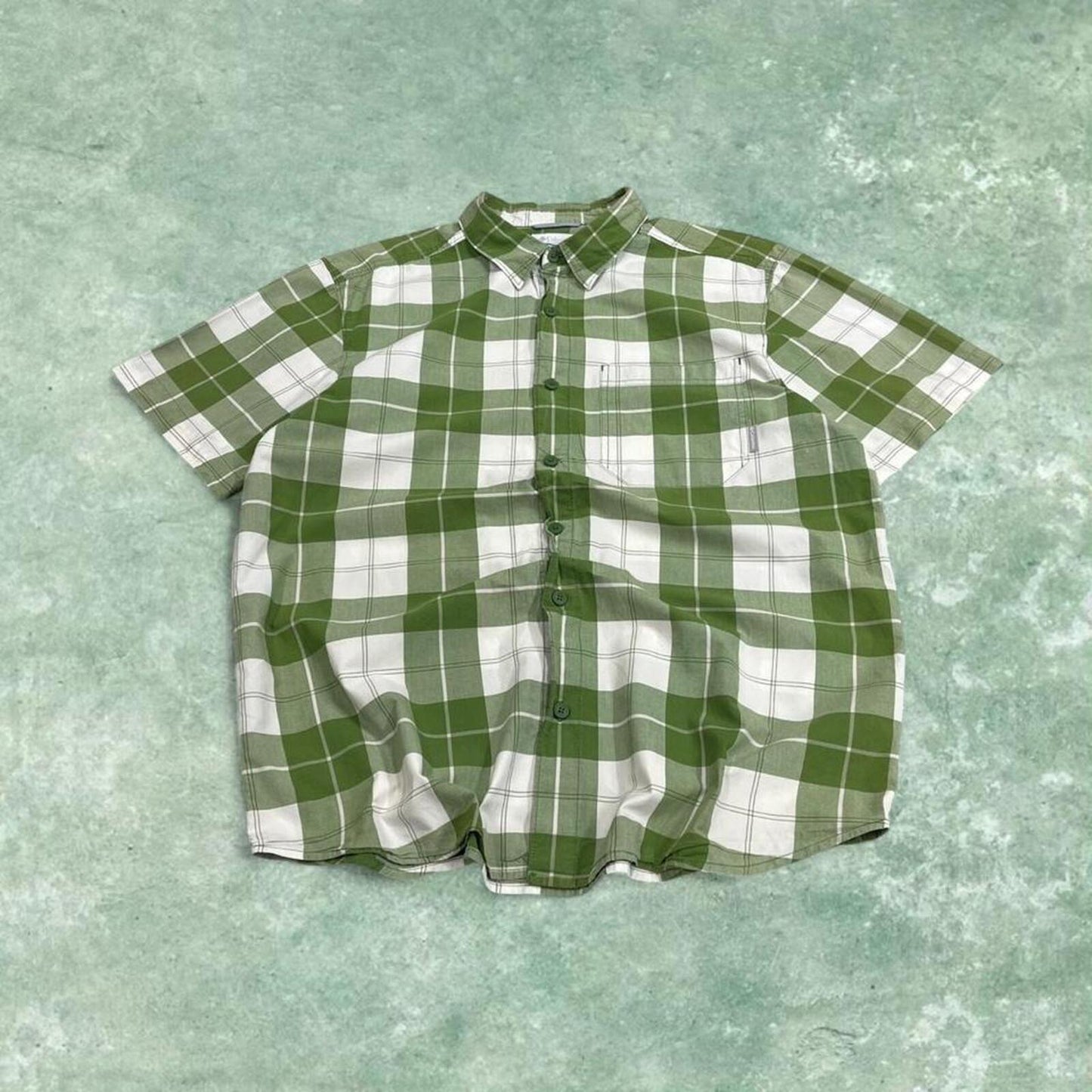 Columbia checkered short sleeve shirt green Surf style check shirt summer festival