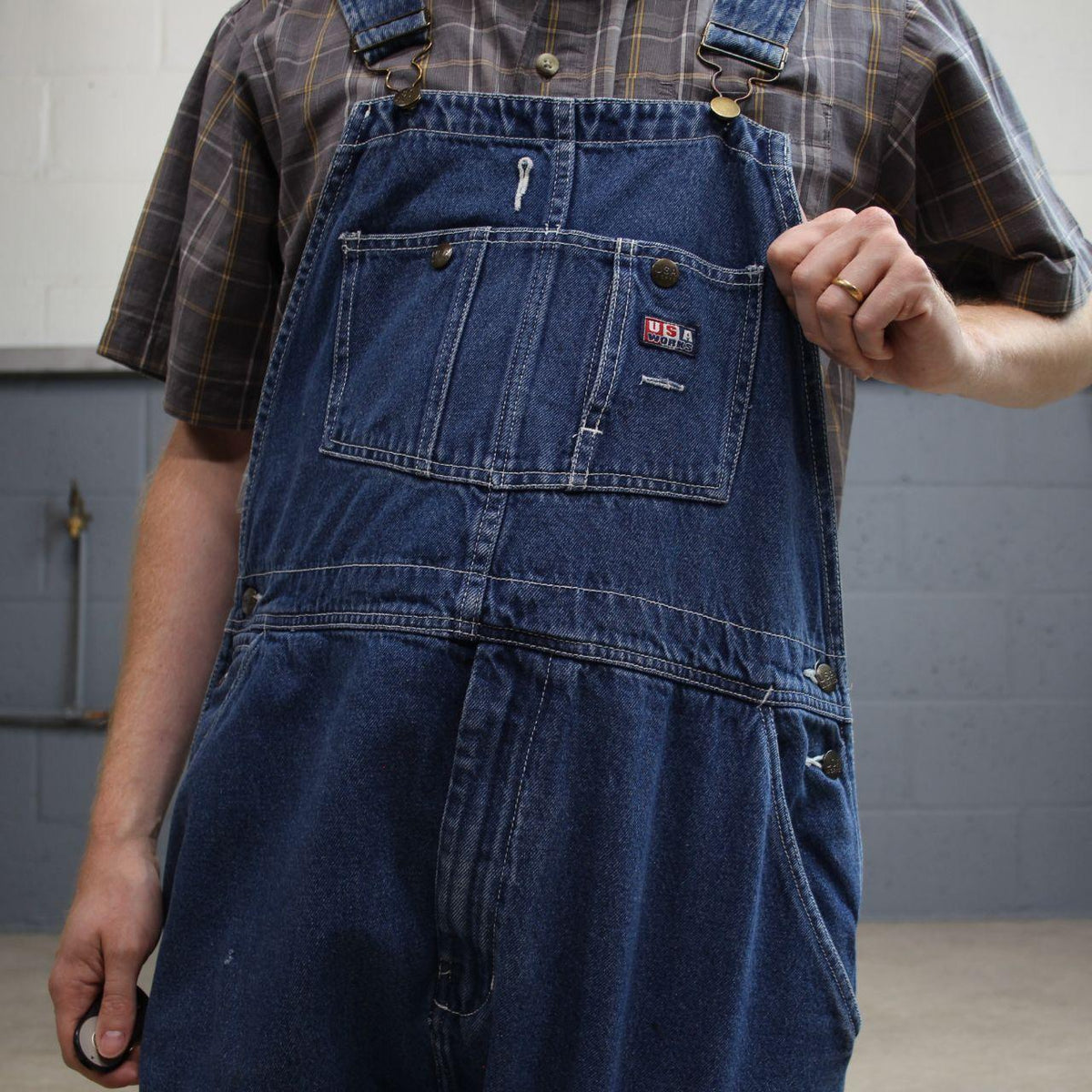 Vintage denim dungarees 00s USA works overalls blue Patch logo and adjustable straps
