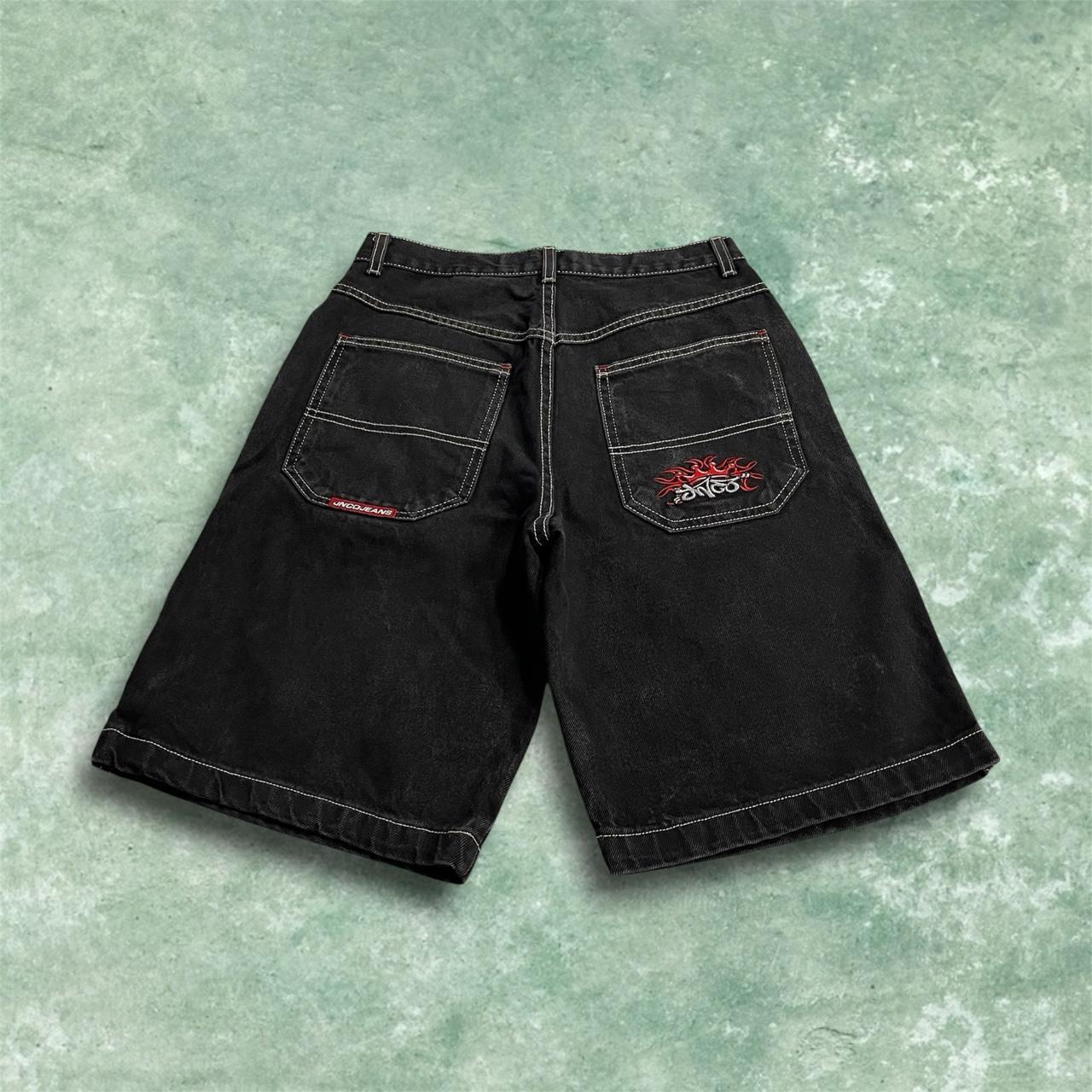 Y2K JNCO denim shorts tribal crown black Vintage loose embroidered logo summer jorts