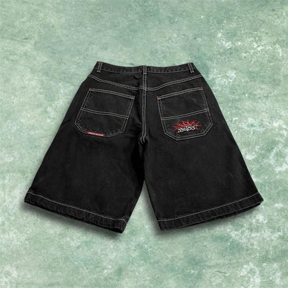 Y2K JNCO denim shorts tribal crown black Vintage loose embroidered logo summer jorts
