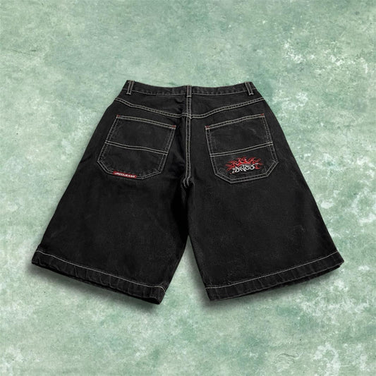 Y2K JNCO denim shorts tribal crown black Vintage loose embroidered logo summer jorts