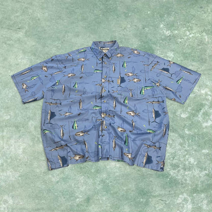 Columbia funky pattern short sleeve shirt y2k blue Festival surf style fishing design summer shirt