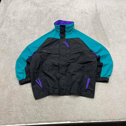 Vintage y2k Columbia technical windbreaker jacket black Zip pockets patch logo block colour coat