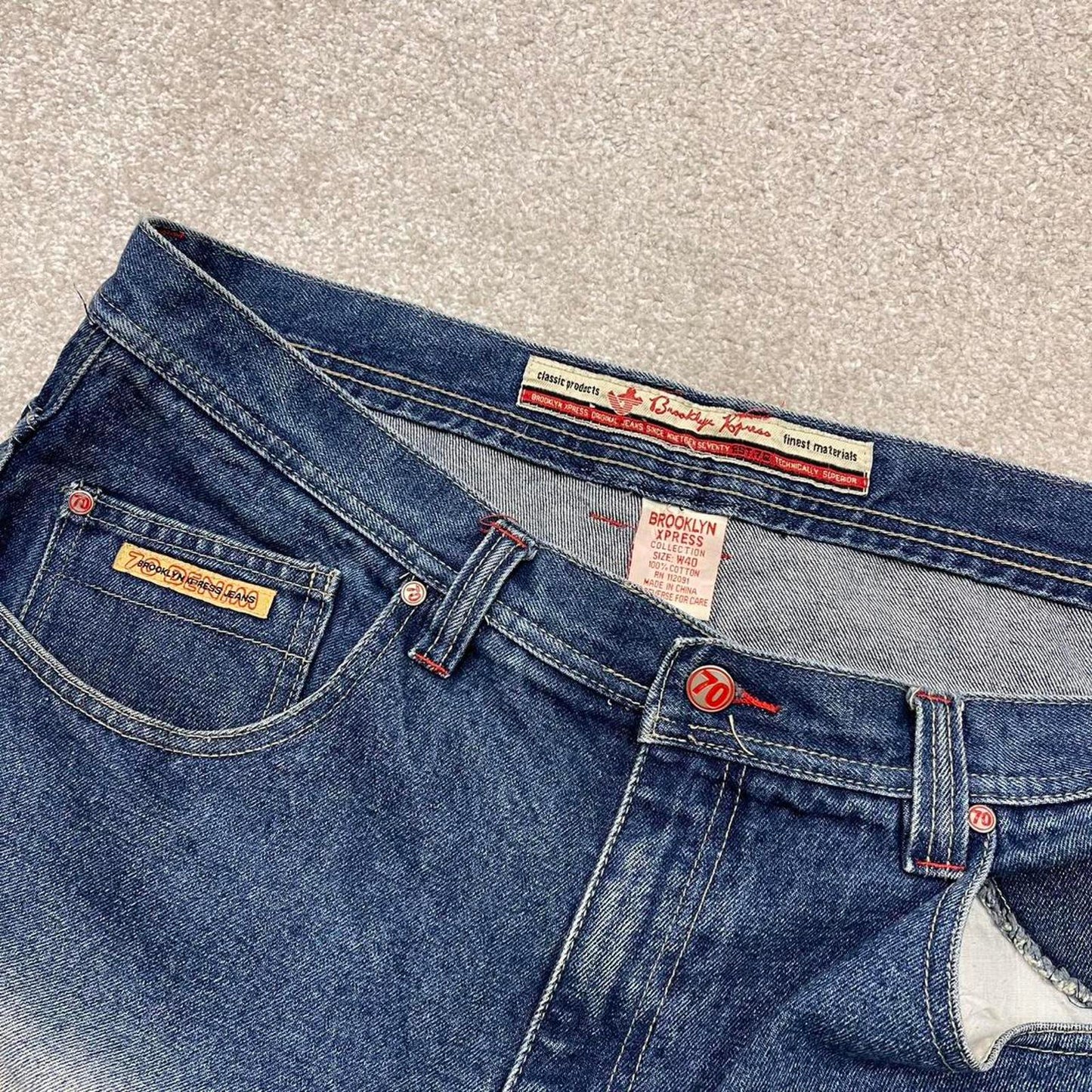 Y2k baggy carpenter shorts skater style blue Brooklyn Xpress long wide denim summer festival jorts