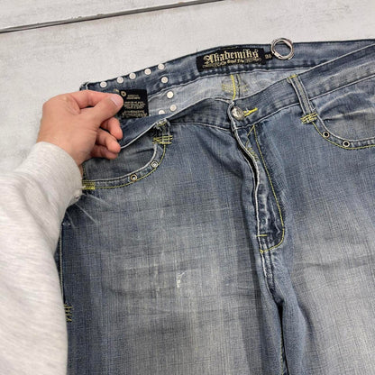Baggy Akademiks jeans W36L33 blue wide leg denim 90s y2k style embroidered skater jeans loose
