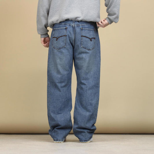 Blue Exhaust jeans W34L32 embroidered Y2K style stitch detailing design