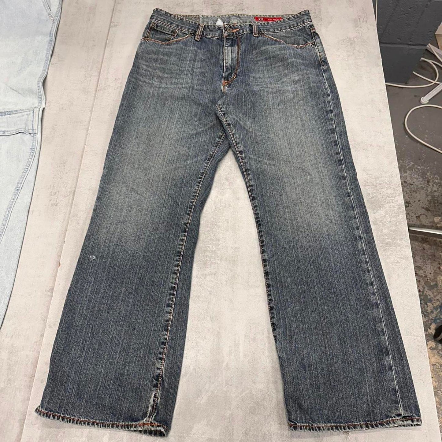 Blue X2 denim jeans W34L30 loose denim y2k skater jeans stitch design
