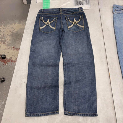 Mens DKNY baggy embroidered jeans W34 L30 loose blue Y2K hip hop embroidered design