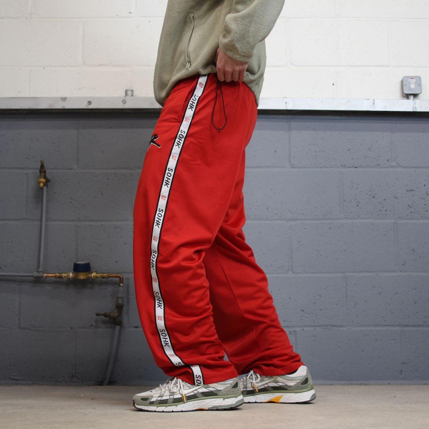 Y2k baggy SOHK embroidered tracksuit bottoms red embroidered logo tape side stripes loose trackies